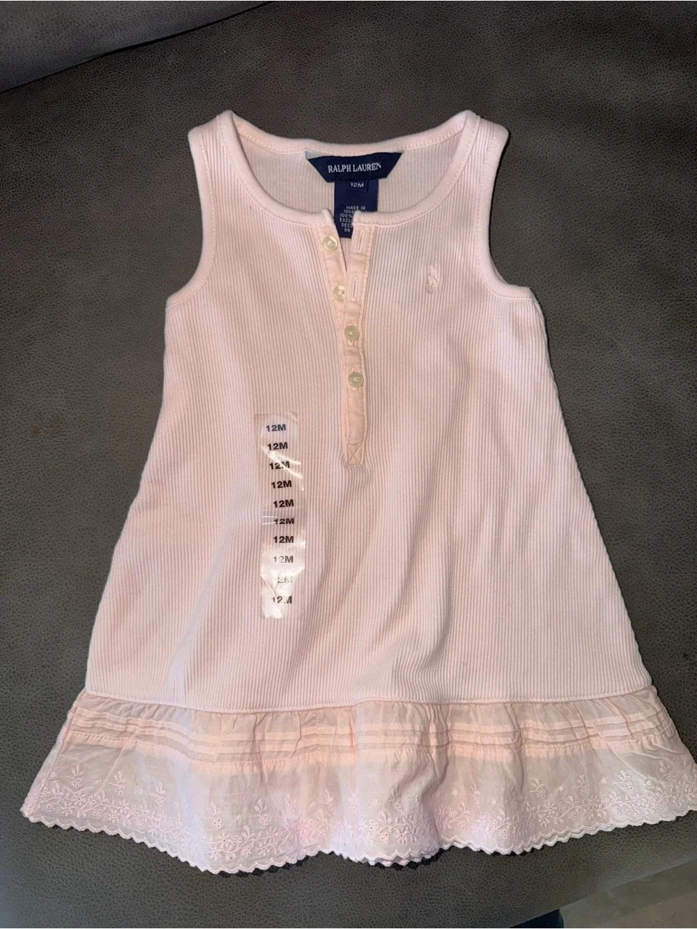 100% cotton Ralph Lauren Light Pink Ribbed Tank Dress with Lace Trim 12 months